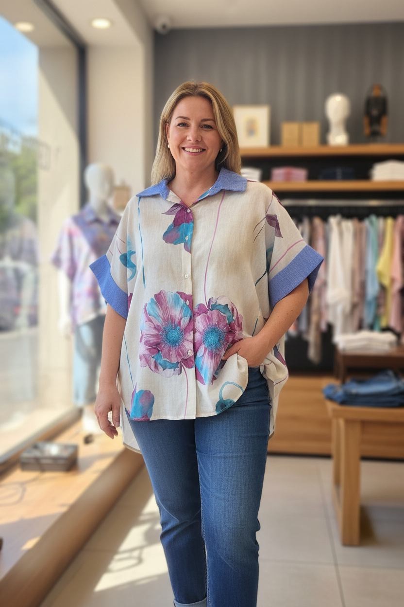 Риза с флорален принт на по-едра жена с дънки