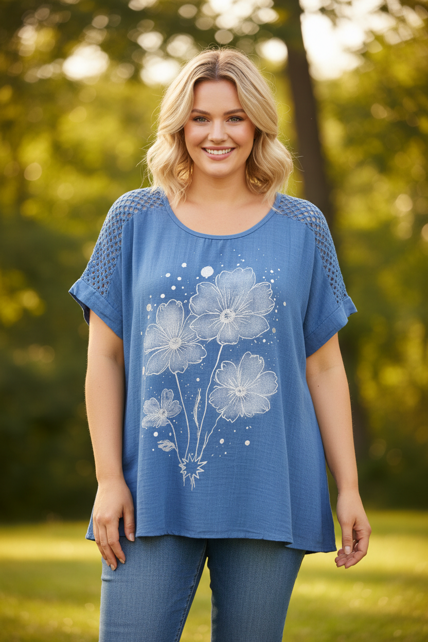 Деним синя блуза с флорален принт на модел