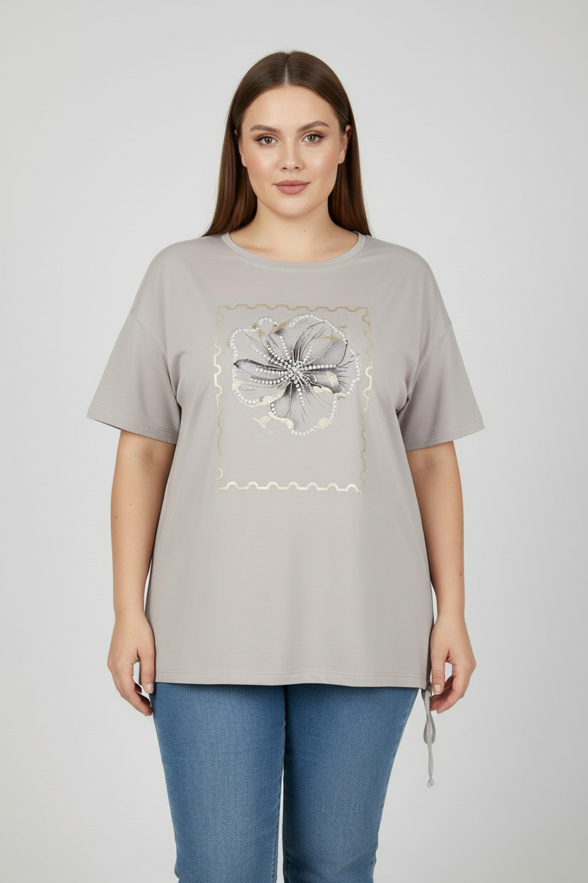 Сива блуза с флорален принт - фронтален изглед