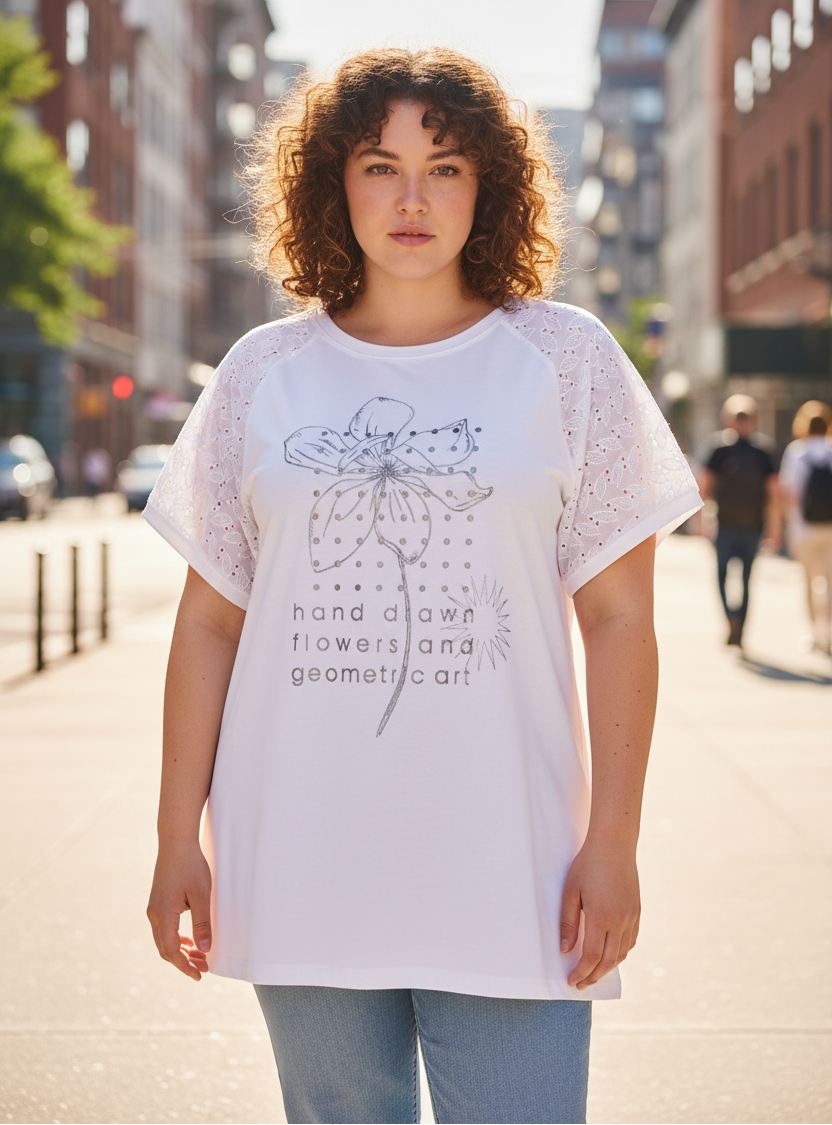 Бяла блуза с изцяло сребриста щампа - градска среда