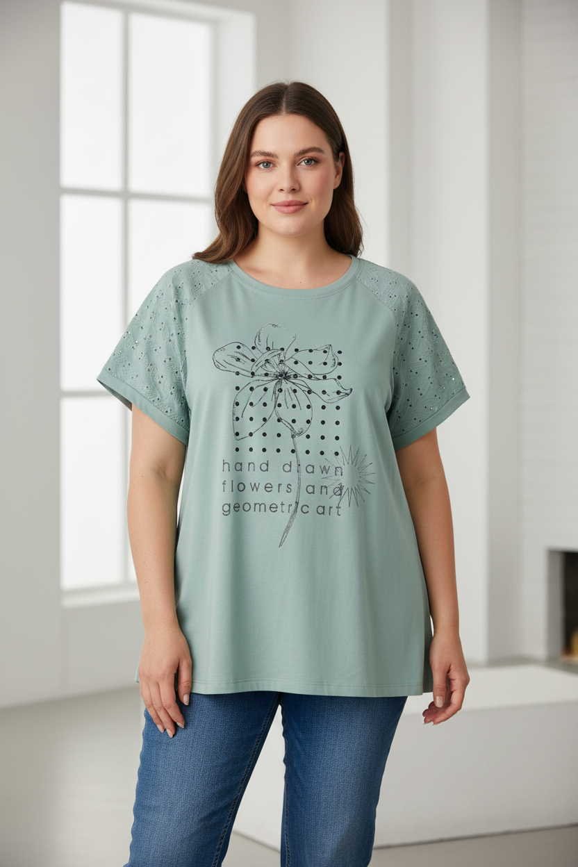 Мента зелена блуза с флорален принт на по-едра жена с дънки