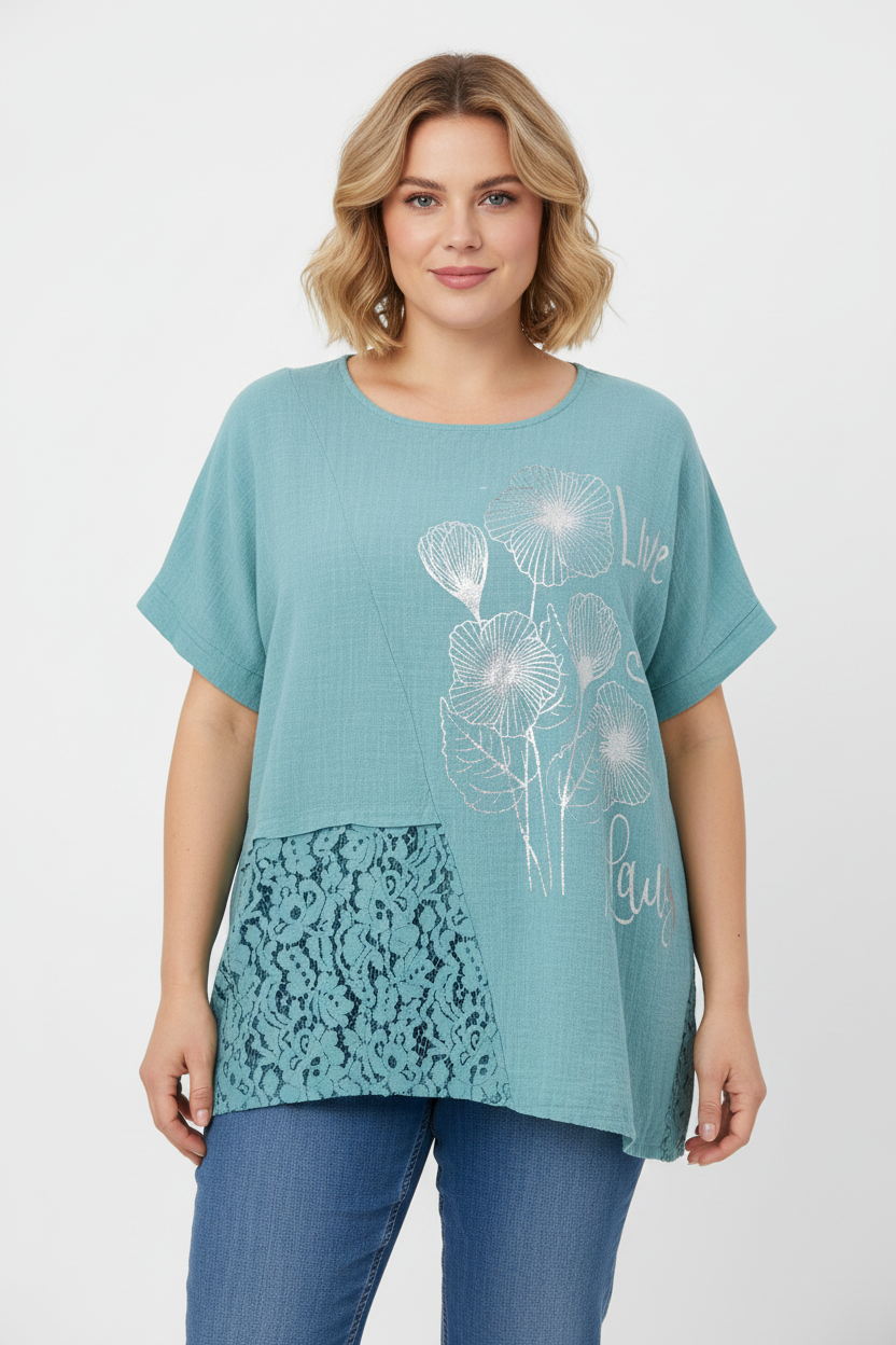 Тюркоазена блуза с метален флорален принт