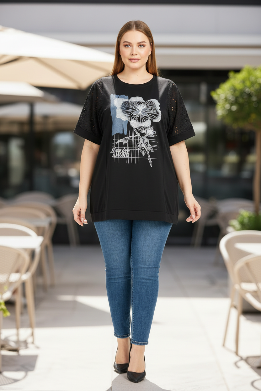 Черна блуза с дантелени ръкави - същата композиция като мента