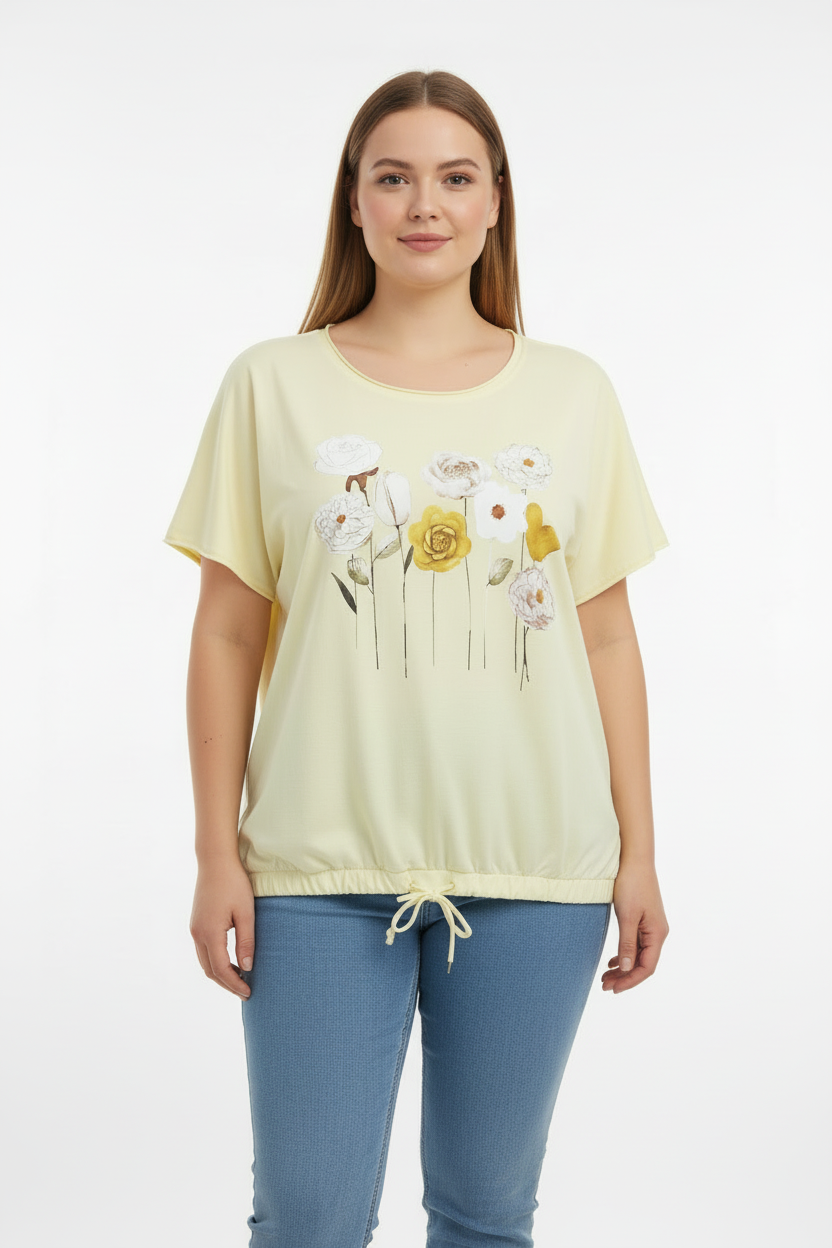 Жълта блуза светли тесни дънки