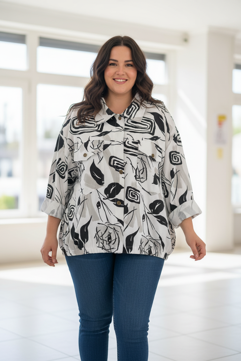 Бяло яке с черен принт и дънки