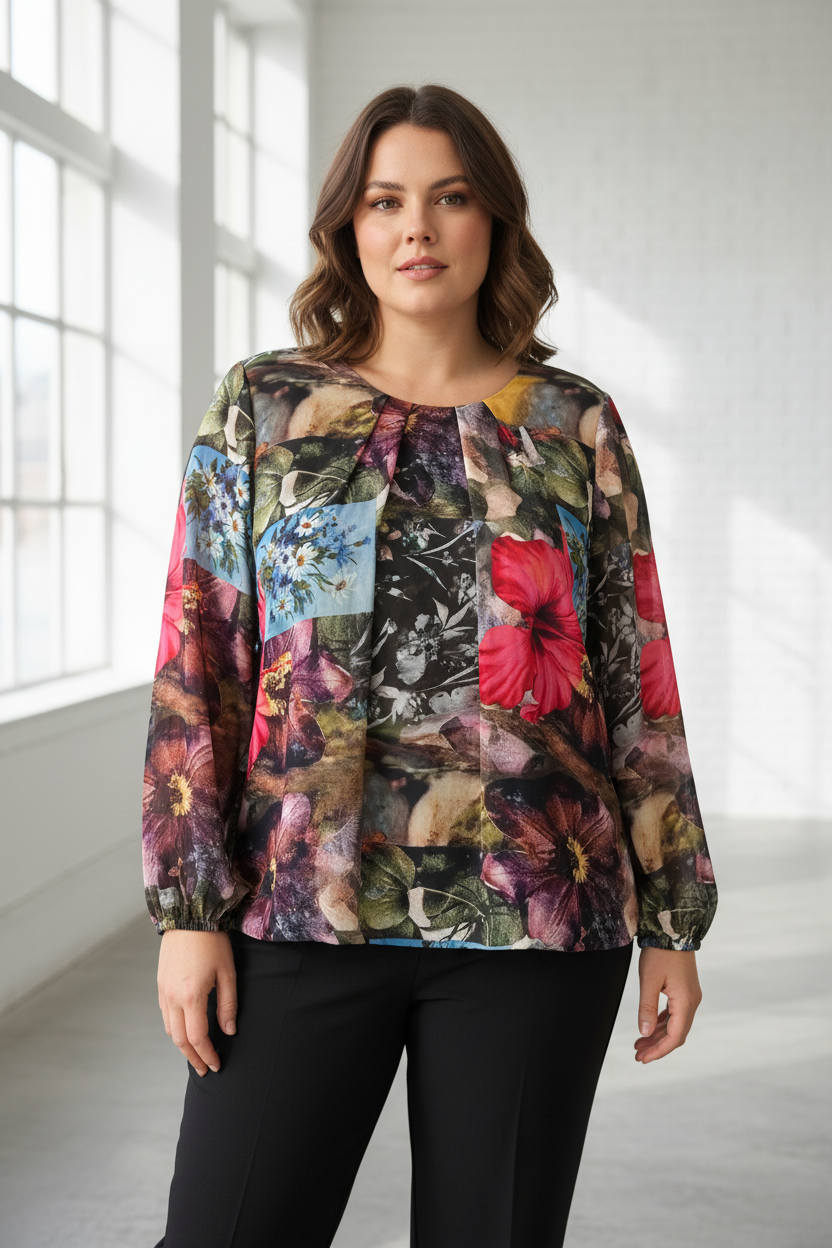 Цветна флорална блуза с черен панталон