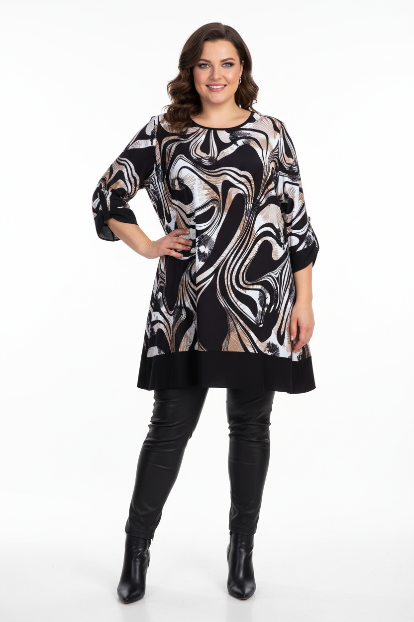 Туника на по-едра жена с черен кожен панталон