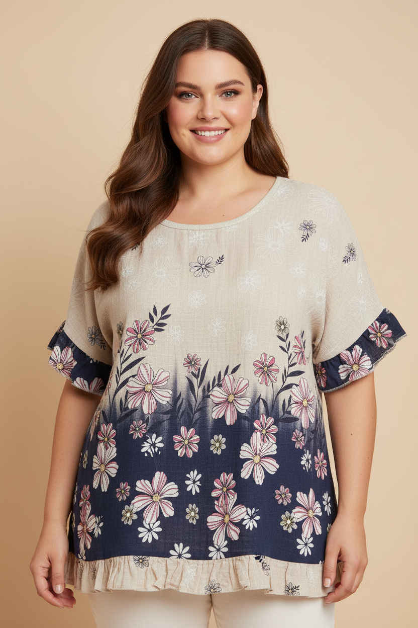 Бежова флорална блуза на едра модел