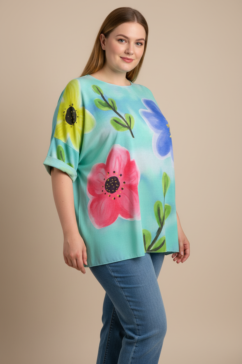 Блуза с ръчно рисувани цветя на едра жена с дънки