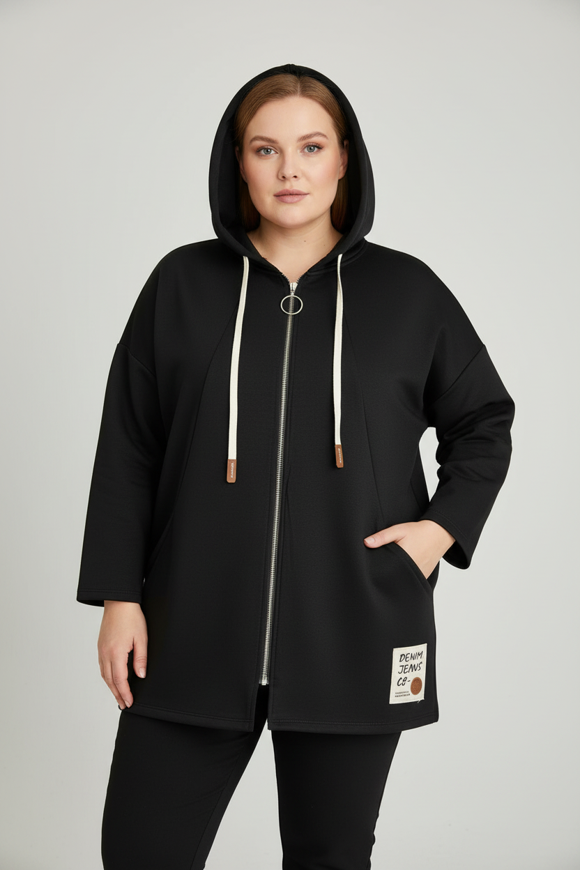 Черен суичър облечен на по-едра жена със светла кожа