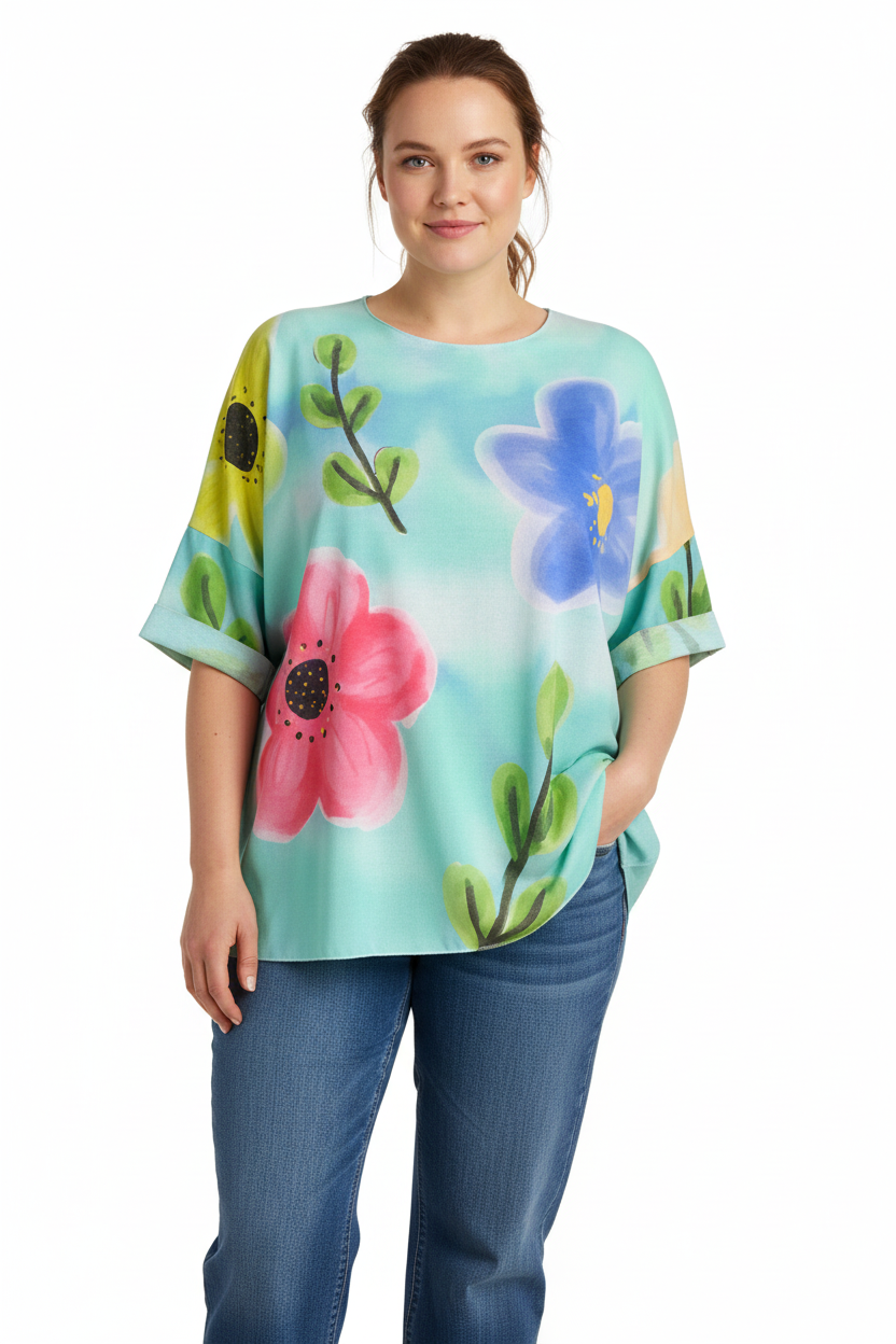 Блуза с обло деколте и цветя на едра жена с дънки