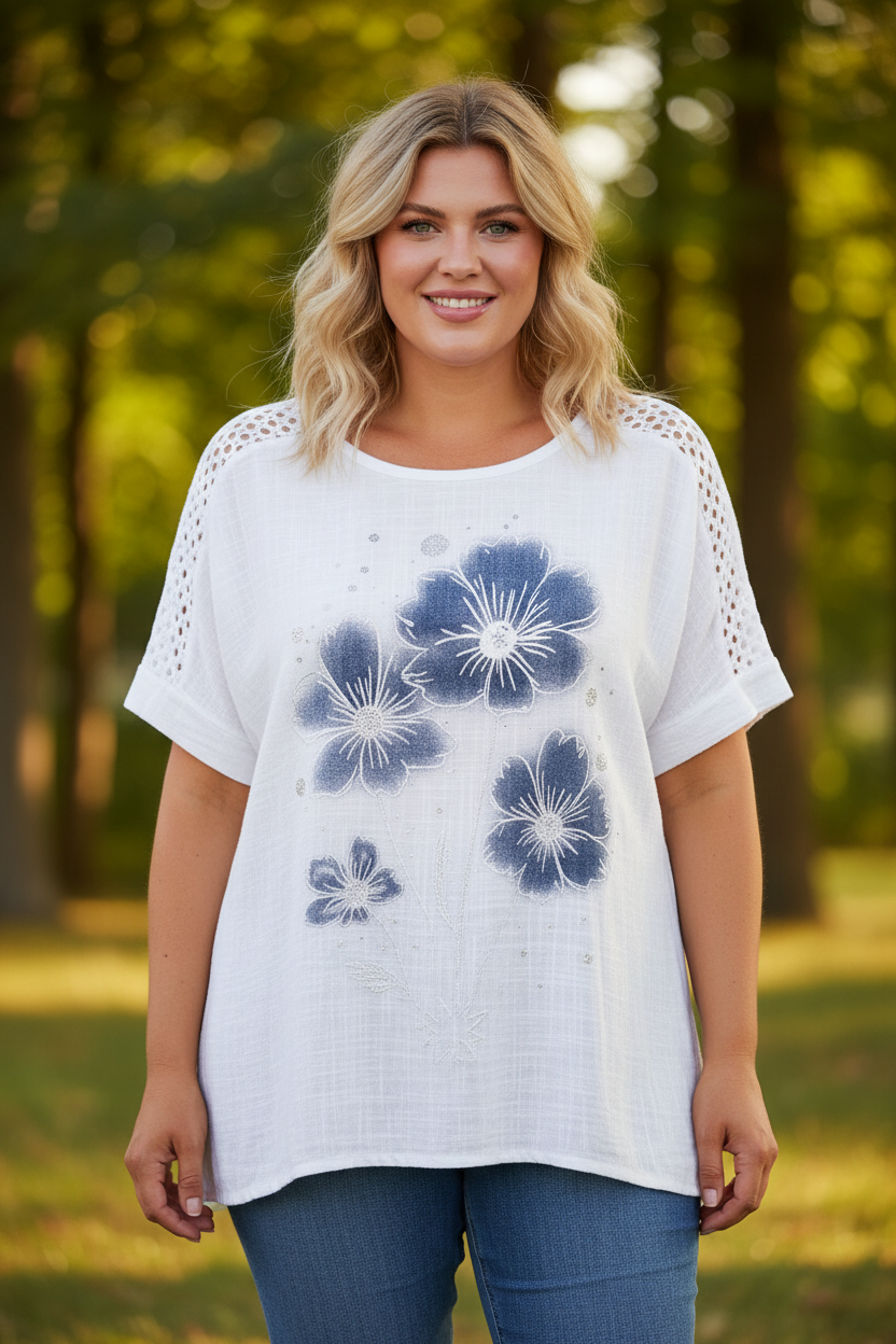 Бяла блуза с тъмносин флорален принт и равен край