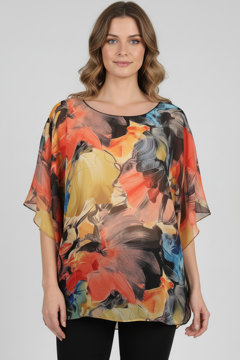 Шифонена блуза с цветен принт - близък план