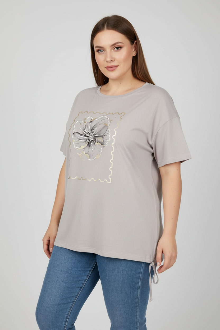 Сива блуза с флорален принт и странична връзка вдясно