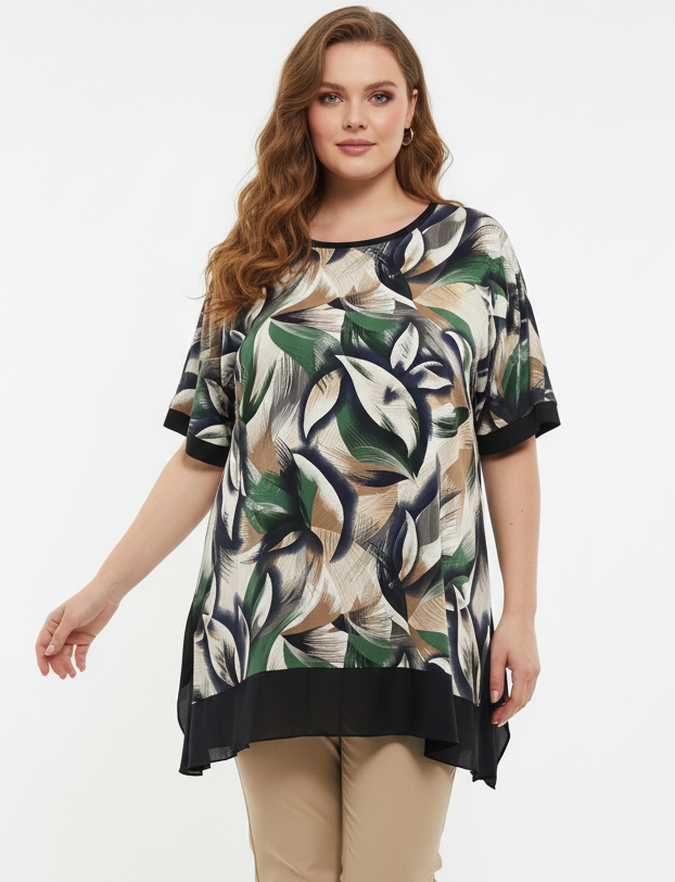 Туника с листен принт — друга жена с мерен панталон