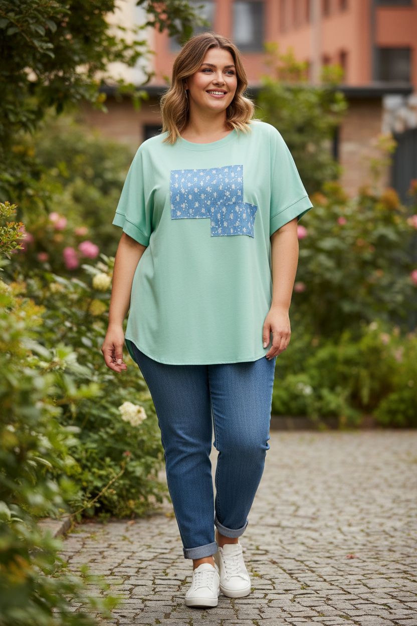 Ментово зелена блуза с дънки