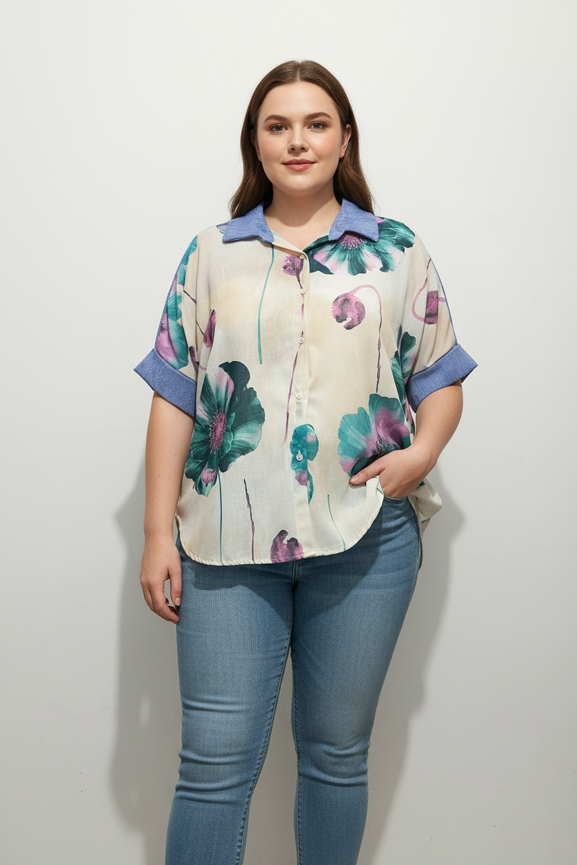Флорална риза на по-едра жена