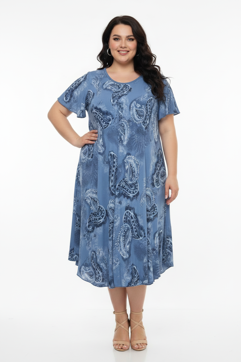 Blue Paisley Dress with Nude Sandals