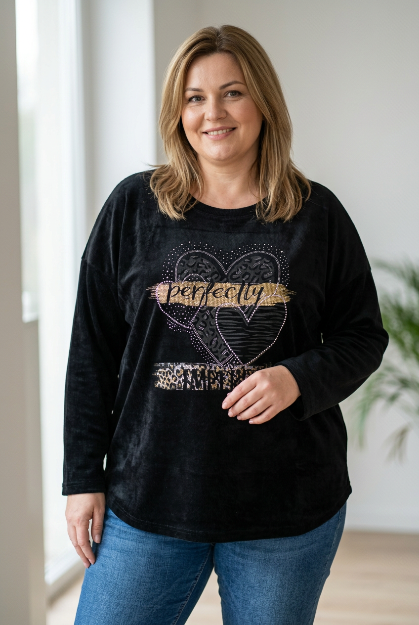 Нов кадър с друга жена и различна поза, с черната блуза и дънки