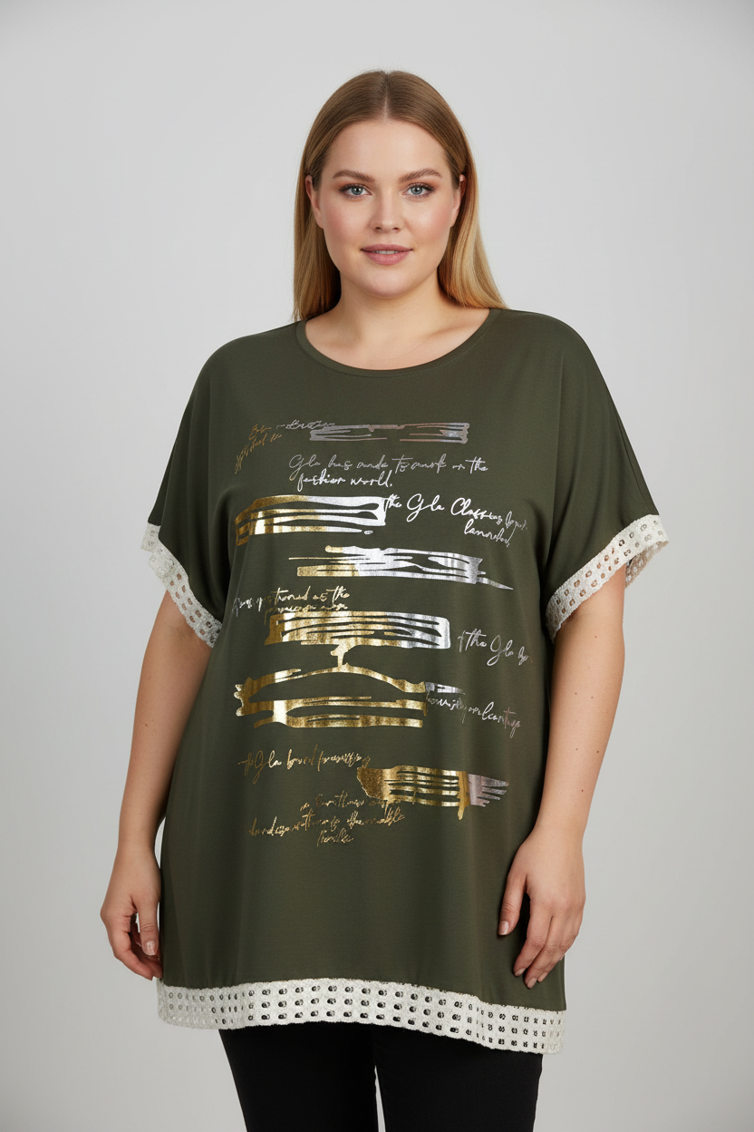 Olive Green Tunic with Gold Print on Plus-Size Model