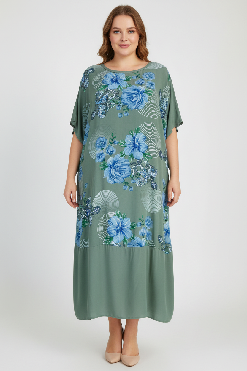Sage Green Floral Dress on Fair-Skinned Plus-Size Model