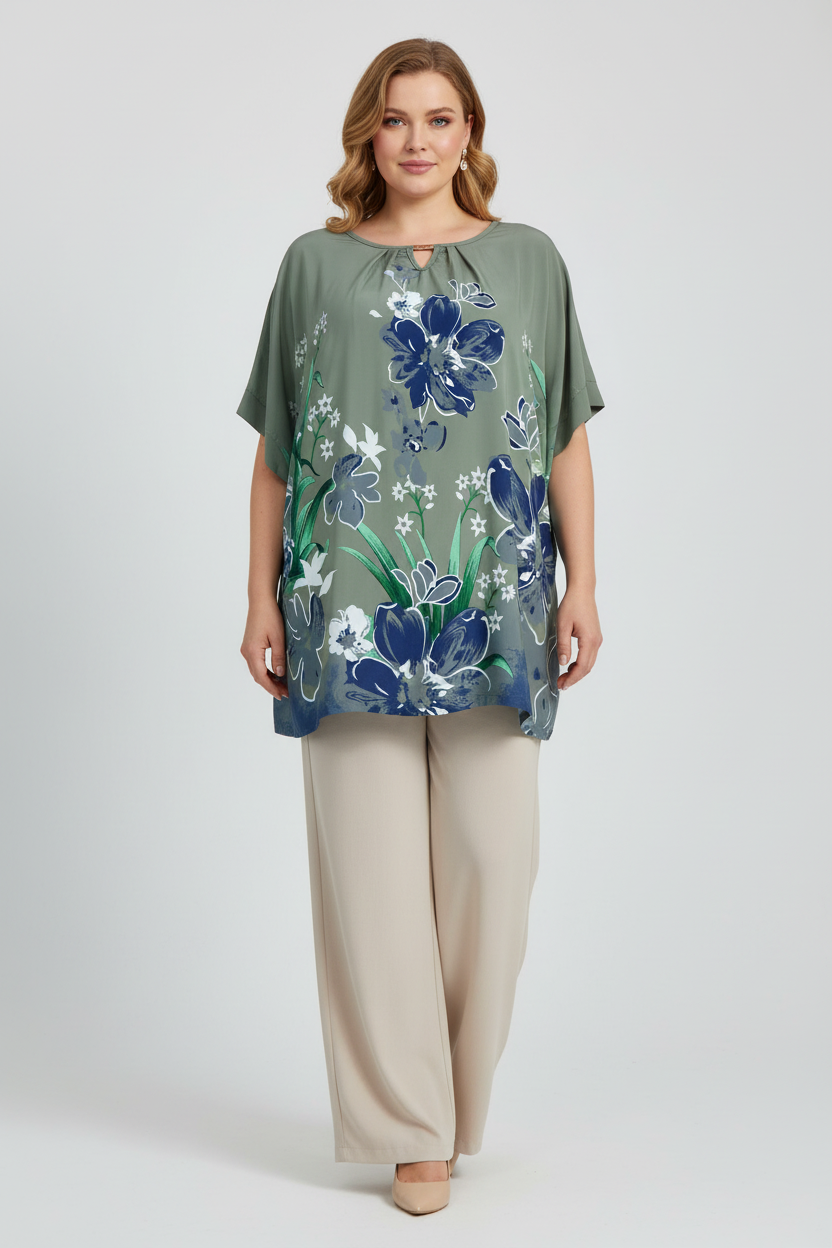 Sage Green Floral Tunic on Plus-Size Model with Light Pants