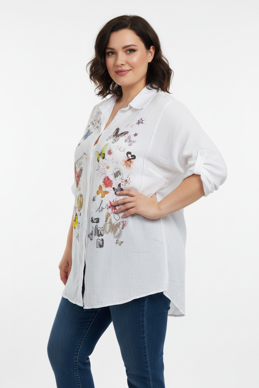 White Butterfly Print Shirt - Plus Size Model