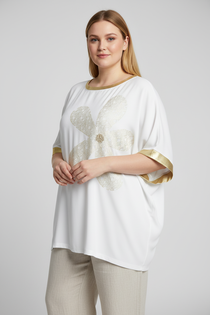 White Butterfly Tunic with Gold Trim on Plus-Size Model with Light Pants