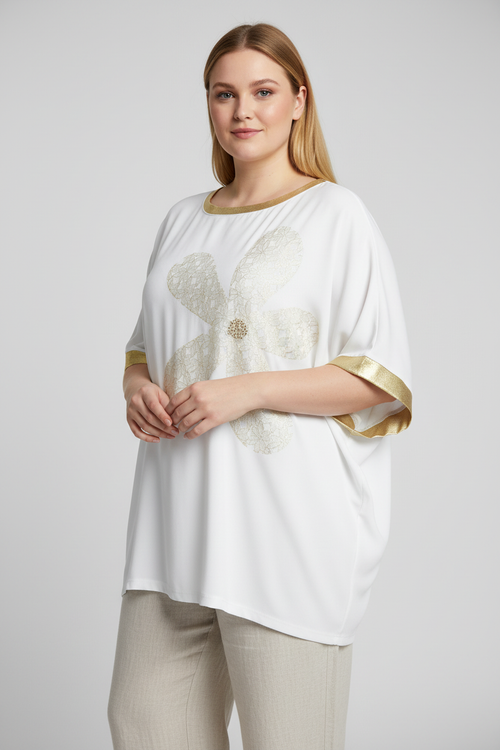 White Butterfly Tunic with Gold Trim on Plus-Size Model with Light Pants
