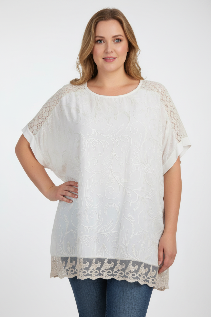 White Embroidered Tunic on Fair-Skinned Plus-Size Model