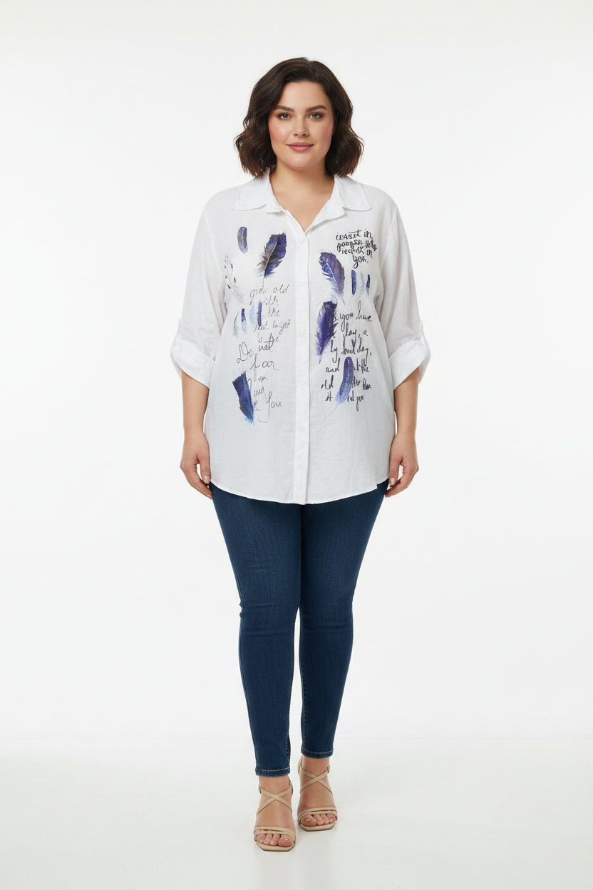 White Feather Print Shirt with Jeans