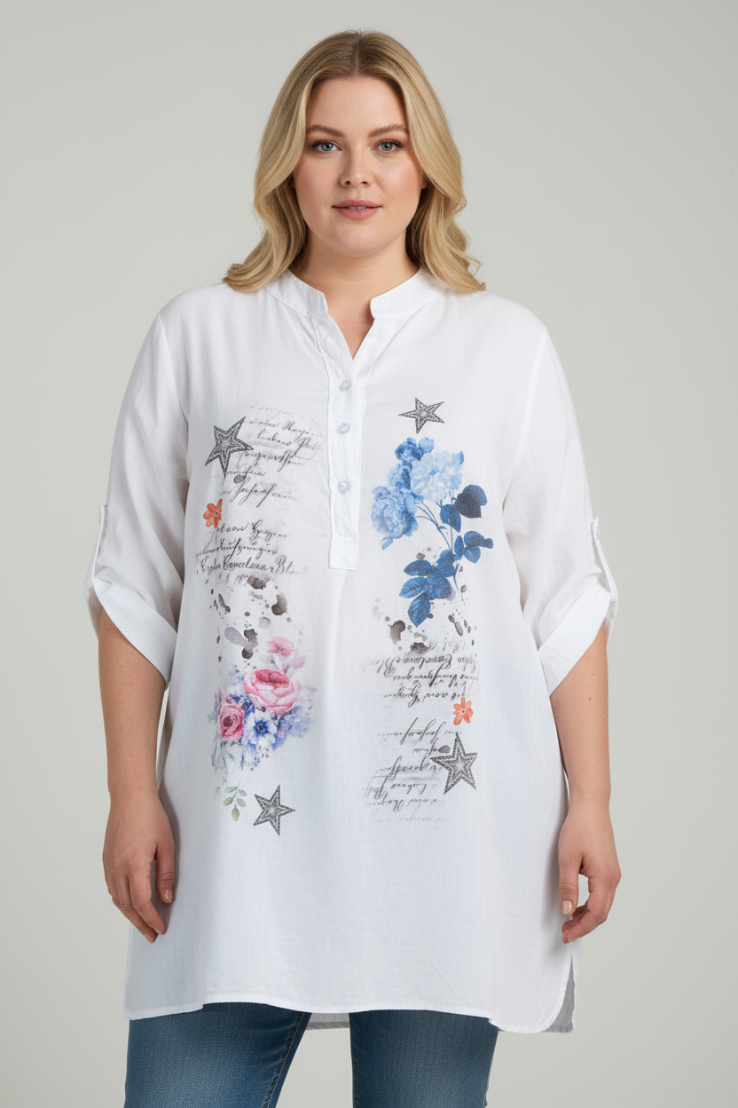 White Floral and Star Print Tunic on Plus-Size Model